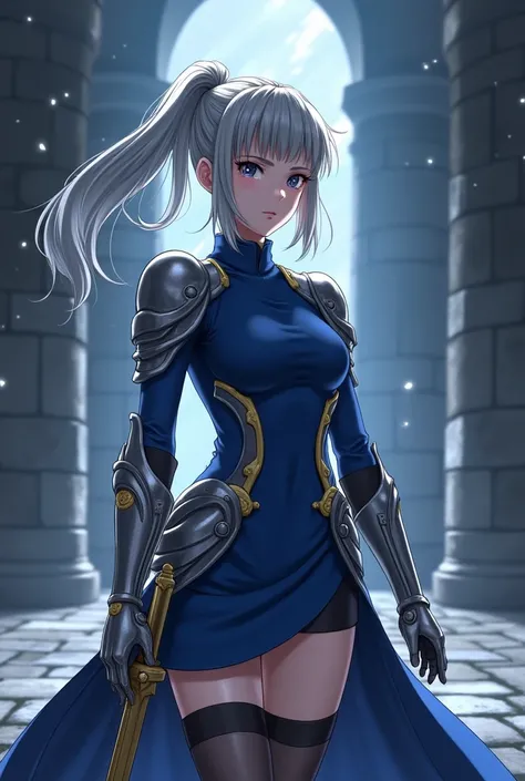 ((Fate stay night character)),Saber – Artoria Pendragon (fate stay night manga)

Korean super model face,Grey pony tail hair with long hair vibe, blue dress in fit slim body. Silver titanium chess armor, silver smokey light arm armor.  Holdimg a sharp long...