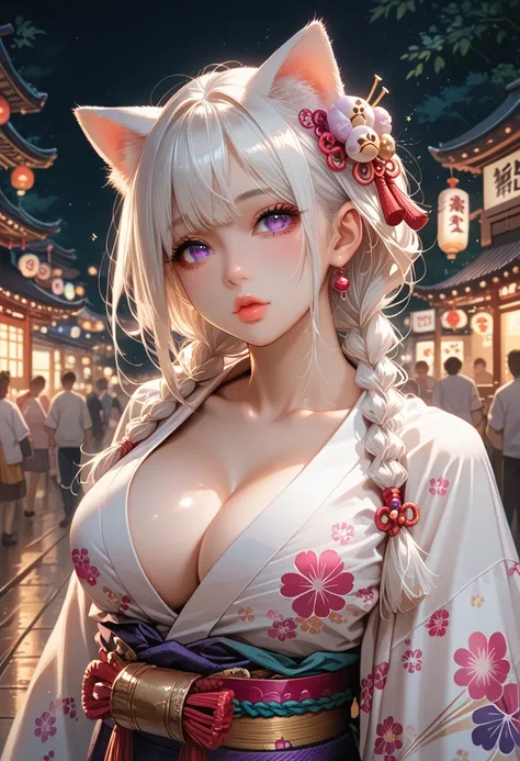 White hair with long and thick Korean-style beautiful braids, sparkling purple eyes, super beautiful lips, super big breasts, cat ears, super short pink Japanese kimono with lovely patterns, white panties with little slit, in Typical summer festival in Jap...