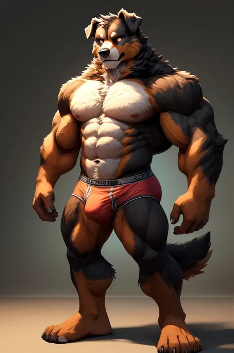 ((( masterpiece, Best Quality, High resolution, Deeply drawn boundaries, 8k, Super detailed))), ((Detailed face:1.2, Detailed eyes)), Bernese mountain dog, male , (Muscular), (Briefs), Full body view, Standing with legs apart, glowing eyes , Firm buttocks,...