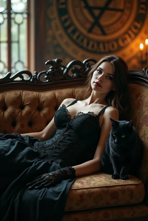 beautiful gothic girl, with Victorian era dress, lace. Guantes lace. Long brown hair. With a black cat at his side.  Beautiful slim and voluptuous body. Reclining on a Victorian sofa. In a hall of a secret masonic society. Illuminati emblems. Candlelit Amb...