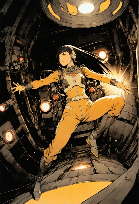 cockpit、Futuristic Suit、2、woman、solo、Black Hair、Bob、Hime cut、Long Hair、The meter lights up、Headset、Move the robot by tracing the operator&#39;s movements、Roundhouse kick、Dynamic pose、Shooting from above with a wide-angle lens。
