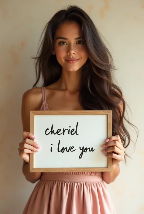 Beautiful girl with long wavy hair, short dress, holding a whiteboard with the text "CHERIEL I LOVE YOU " and showing it to the viewer