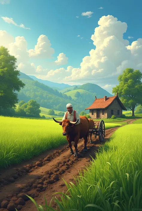 A humble farmer working in a green, vibrant field. He is plowing the land with oxen, wearing traditional clothes, under a bright, sunny sky. In the background, theres a small, simple house with trees, showing his peaceful rural life.