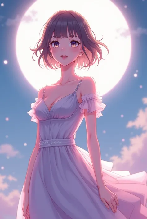 Anime beautiful girl in formal with Aesthetic and elegance style and in pastel colour under moonlight in beautiful decent dress