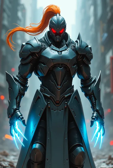 Fulgore was inspired by the armor that medieval knights wore, has his chest puffed out, a headpiece that resembles an orange long  ponytail, and in their arms fluorescent blue plasma claws ,and luminous red eyes