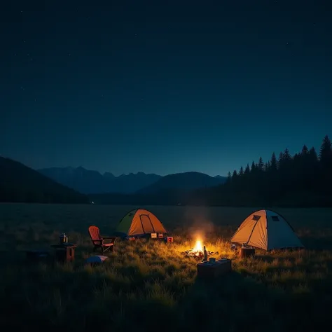 "Photo of a grassy field at night, featuring nighttime scenery, a dark sky, and ambient darkness. Various camping gear is set up, adding to the atmosphere of the outdoor setting."