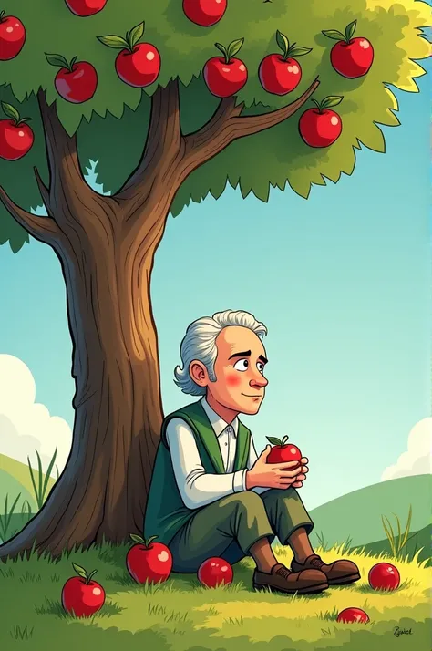 John Dalton sitting under an apple tree holding an apple to his hand. Easy only like a child can draw it