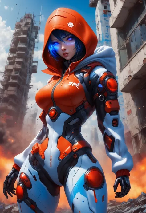 HDR photo realism, Cyberpunk Cyborg beautiful female army robot, Made of a combination of vivid blue hexagonal metal and a series of red rubber knobs and white carbon fiber, wearing a hooded hoodie , carry combat weapons,, skydiving floating in the air ,hy...