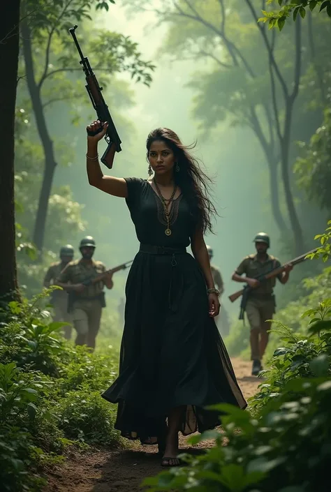  naxalite in black dress firing to indian soldiers in jungle with guns
