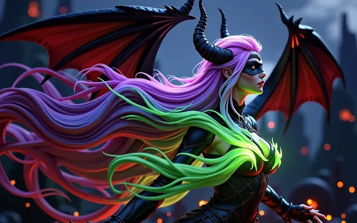 A cinematic shot of a female Blood Elf demon Hunter in World of Warcraft. She has a perfect face, extremely long, ultra-realistic hair that is mesmerizing, multi-colored hair that flows in a graceful, hypnotic pattern. Each color transitions seamlessly int...