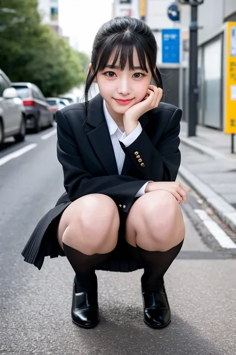 Kawaii Girl,japanes,​masterpiece、10 generations、（facing front:1.5）、（Structure taken from below:1.7）、Full body portrait、８K、Wearing a blazer uniform and short pleated skirt、Wearing black high knee socks、squatting with legs wide open,With the best image quali...