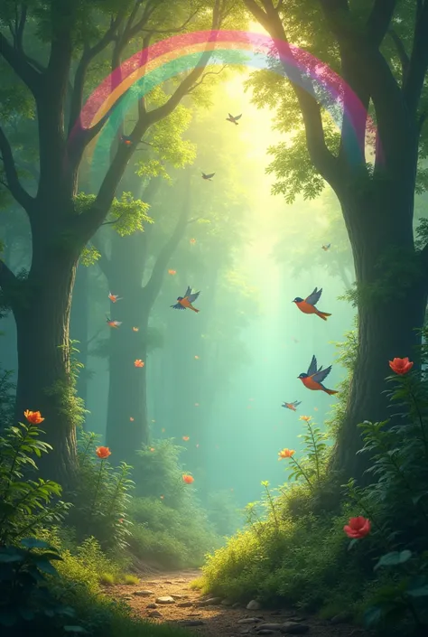 mysterious forest with birds and rainbow