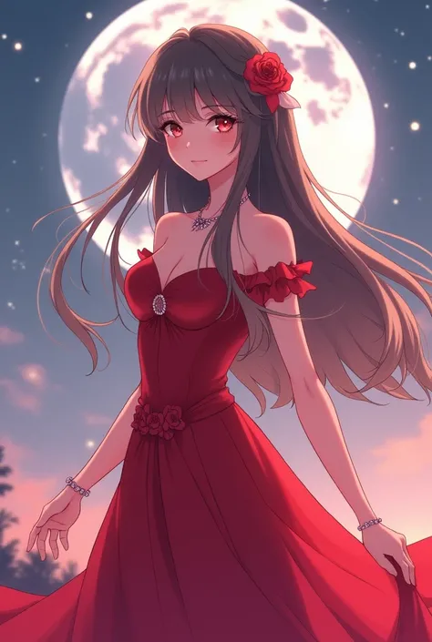 Anime beautiful girl in formal with Aesthetic and elegance style and in pastel colour under moonlight in beautiful decent red dress with long hair with smiling 