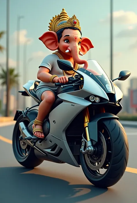 Funny ganesha on stylish super bike in advanced full feature super bike and wear normal t shirt  and lower
