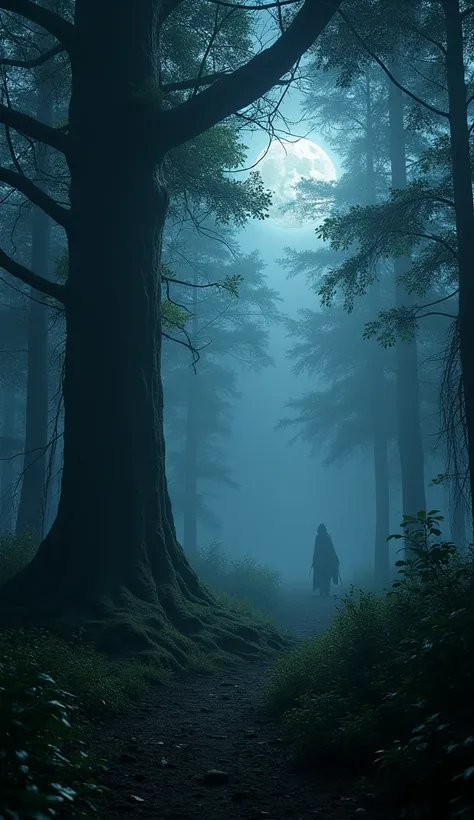 (Best quality,4K,8ก,height,Masterpiece:1.2),Special details,(realistically,photorealistically,photo-realistically:1.37),Dense forest at night,Dense trees,No path,Mysterious atmosphere,Fascinating Moonlight,Foggy atmosphere,Moonlight shines through the tree...