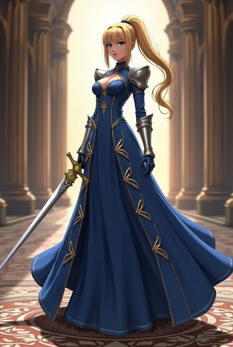 ((Fate stay night character)),Saber – Artoria Pendragon (fate stay night manga)

Korean super model face,Grey pony tail hair with long hair vibe, blue elegant long dress with gold gradation emborired ribbon in fit slim body. Silver titanium chess armor, si...