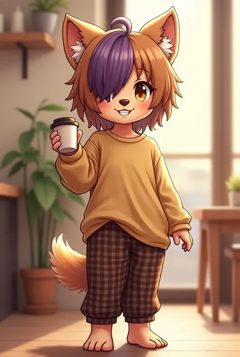 anthro, furry, fur, cute fur, golden retriever dog, dog, score_9, score_8_up, score_7_up, score_6_up, score_5_up, score_4_up, standing alone, shorth hair, cabelo roxo, bangss, dark drown locks, (bangs covering one eye), brown eyes, 1boy (femboy), female fa...