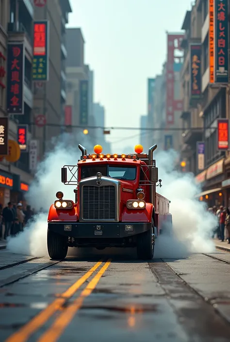 Make a modified towing truck drift in the middle of the city
