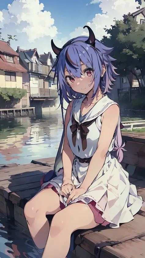 masterpiece, Best Quality, High resolution, Very detailed,(((Mikoto Naruhana))), (((Sitting far away))), (((Plants))), (((Waterfront))), (((barefoot))), (((White dress))), (((roof))), (((Multicolored Hair))), (((horn))), (((Pink Eyes)))