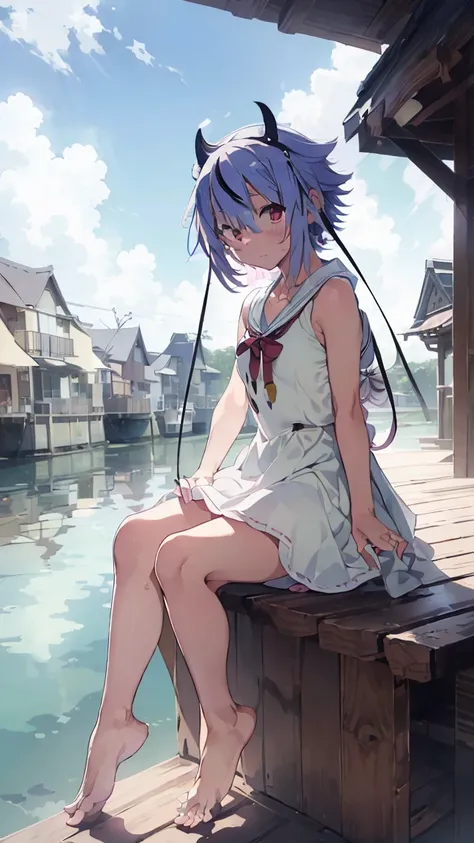 masterpiece, Best Quality, High resolution, Very detailed,(((Mikoto Naruhana))), (((Sitting far away))), (((Plants))), (((Waterfront))), (((barefoot))), (((White dress))), (((roof))), (((Multicolored Hair))), (((horn))), (((Pink Eyes)))