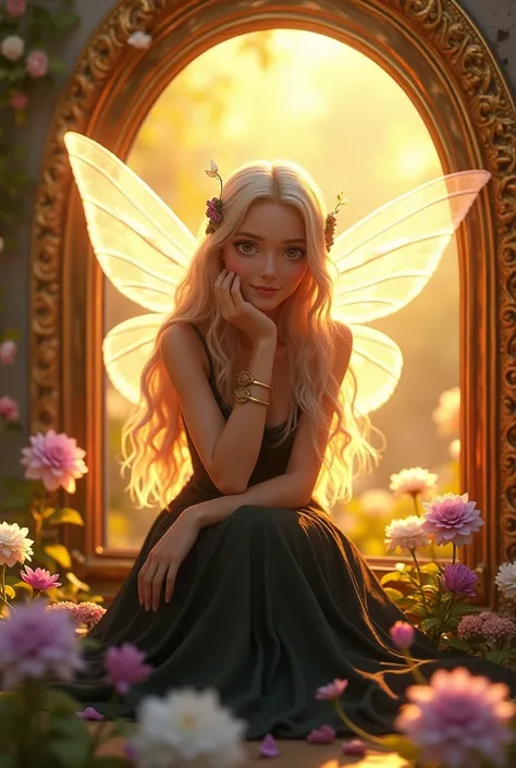 A stunning 3D render of a fairy named Aadhya, seated amidst a radiant golden halo of light. She has large, translucent wings and her long, wavy blonde hair cascades down her back. Aadhya wears a dark, flowing dress adorned with delicate flowers, and rests ...