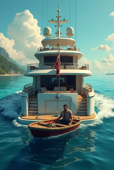 Create an image that shows the irony of inequality, a rich man on a luxurious yacht, surrounded by champagne and caviar, create separate from that boat another poor fisherman in a simple boat, struggling to earn a living for the day. The image should show ...