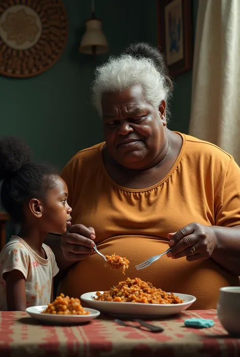  
Realistic   daughter  sitting around t fat African grandma  mad eating  bog meal