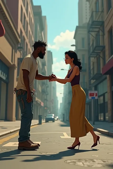 Animation black man looking poor on street side an a beautiful lady pull away her so he couldnt touch her 