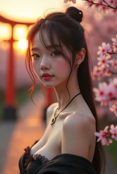 , Ultra-high resolution, (Reality:1.4), 1 Girl, nude, Small Breasts,Pink nipples, Black necklace, Smile, Bare shoulders, Focus only, Looking at the audience,Fair skin,Sunset,Cherry blossoms树,Photon Mapping, Physically Based Rendering, RAW photos, Very deta...