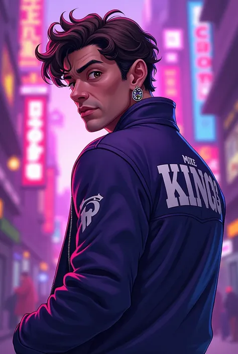 Mike Kingley is a 2 American man and wears a jacket with the name king on the back., earrings and likes the color purple in anime style, slightly curly hair 