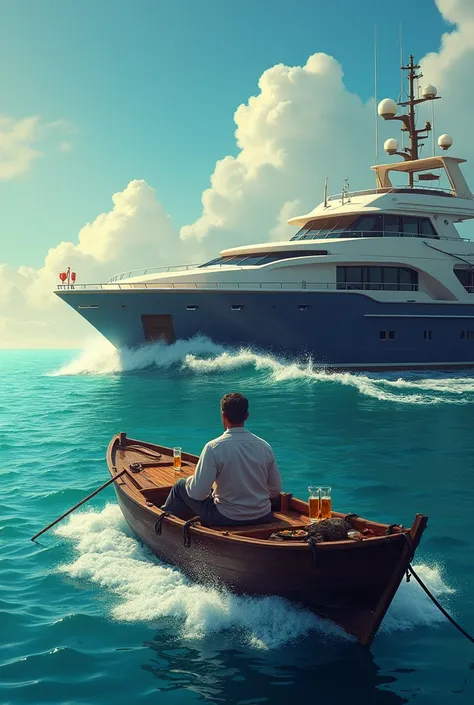 Create an image that shows the irony of inequality, a rich man on a luxurious yacht, surrounded by champagne and caviar, create separate from that boat another poor fisherman in a simple boat, struggling to earn a living for the day. The image should show ...