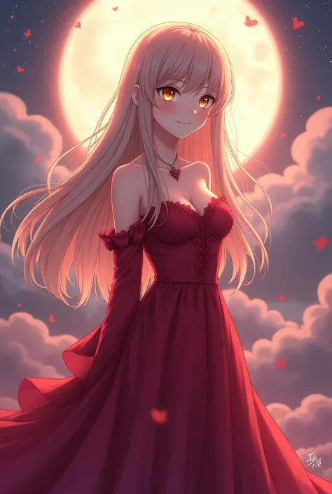 Anime beautiful girl in formal with Aesthetic and elegance style and in pastel colour under moonlight in beautiful cover decent red dress with long hair with smiling 