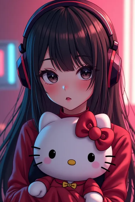 long hair girl, black dark eyes big tits, with a little sexy clothes, cute face with gamer headphones with a Hello Kitty stuffed animal 