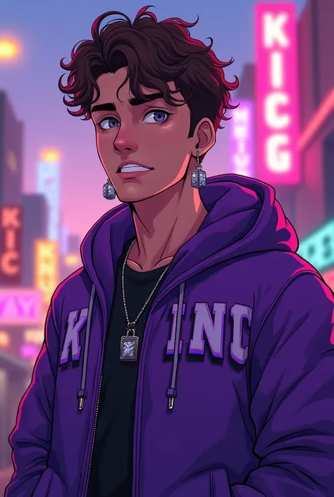 Mike Kingley is a 2 American man and wears a jacket with the name king on the back., earrings and likes the color purple in anime style, slightly curly hair 