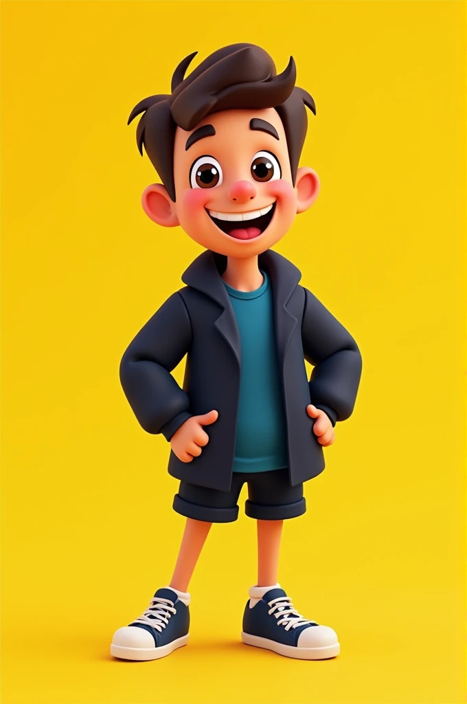 A cartoon  in a dark blue shirt, black jacket, yellow background, smiling expression, posing happily, black shorts