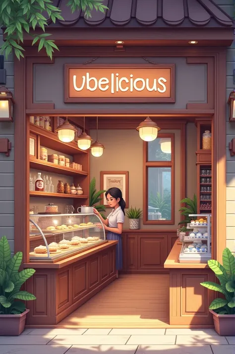 make an Ube Pie Store, Name Ubelicious, and avoid tr too cartoon store make the store aesthetic and not too colorful, then widen the inside of the Ube Pie. store