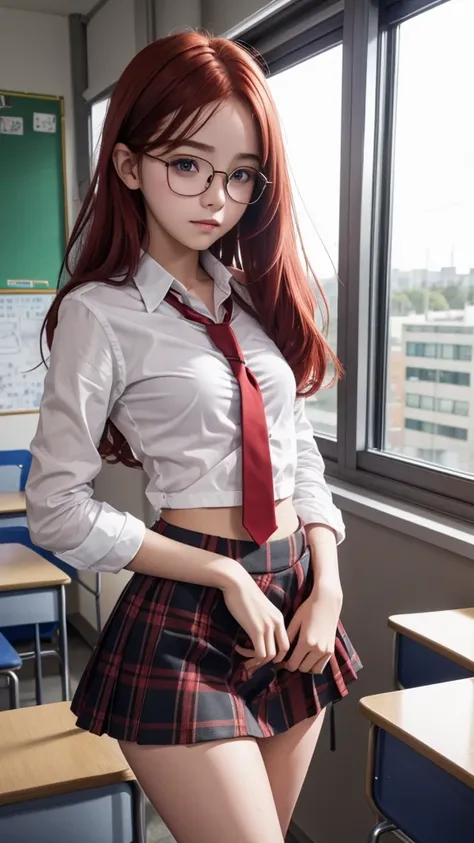 Small teen, NSFW, no panties, lifted skirt, mini skirt, school classroom, slim glasses, open shirt, blushing, red hair, pubic hair