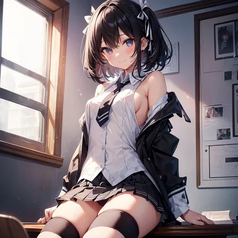 (Best Quality),(masterpiece),(Perfect Anatomy)、(Perfect hands)、(Perfect legs)、(Super detailed),One high school girl、Iris、Black short hair、Small white ribbon、smile、Small breasts、blazer、Normal necktie,Checkered mini skirt、Cute ribbon light pink panties、Beaut...