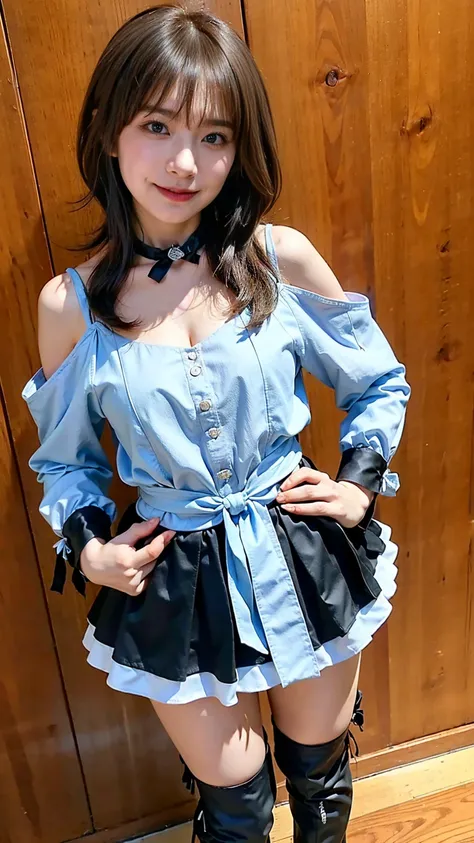 (8k、RAW Photos、Best Quality、masterpiece:1.2)、(Realistic、Realistic)、1 person、((Light blue and black dress、Cleavage、Off the shoulder、Sleeveless、See-through、黒チェックmini skirt、Medium Hair、mini skirt、boots、sea、smile、View from the front、Stand with hands on hips、wh...