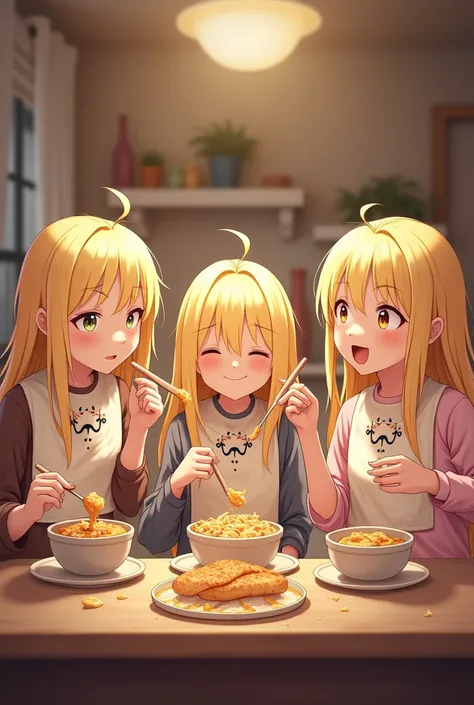 Three blonde teenage girls with bibs eating like babies 