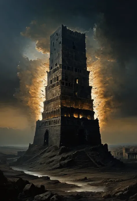 painting of a ruined Tower of Babel, dark atmosphere, cinematic scene, volumetric lights, ultra realistic, in the style of nicola samori