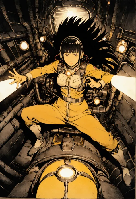 cockpit、Futuristic Suit、2、woman、solo、Black Hair、Bob、Hime cut、Long Hair、The meter lights up、Headset、Move the robot by tracing the operator&#39;s movements、Chinese Martial Arts Pose、Dynamic pose、Shooting from above with a wide-angle lens。
