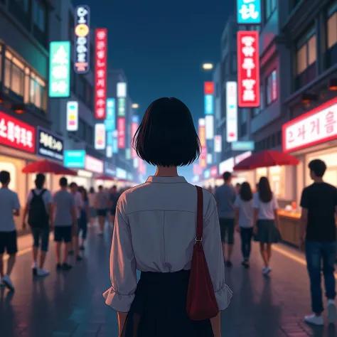 "A young Korean woman with short hair, seen from behind, walking down a night busy street. She is dressed in modest, everyday clothing with no exposure, exuding a sense of beauty and elegance. The bustling and lively atmosphere of the street contrasts with...