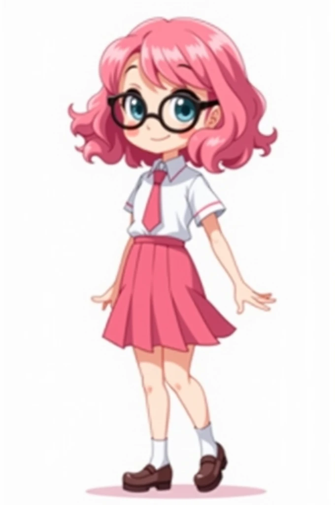 pink cartoon girl wearing pink skirt uniform and tie. she have curly hair with black glasses and light bangs. she is standing up in white background.