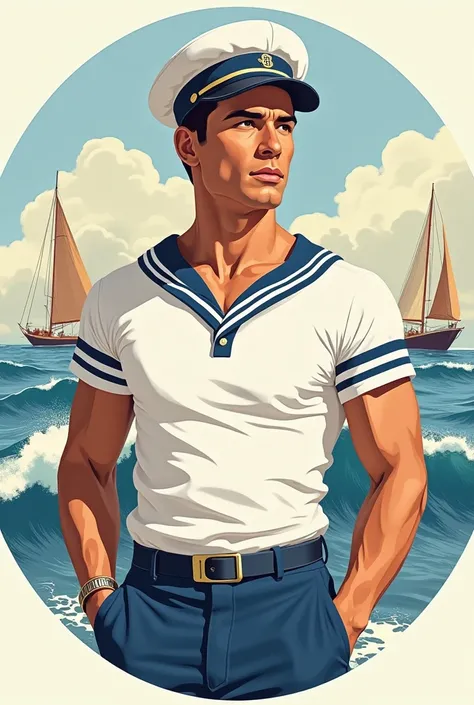 This 1950s style image shows a man wearing a white T-shirt with navy blue stripes and a sailor&#39;s hat. The background of the image features nautical motifs such as sailboats and waves, creating an atmosphere linked to the theme of the sea and sailing. T...