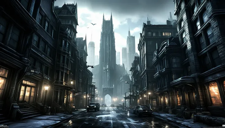 Justice League towers, in Arkham City, high quality, Very detailed, Daylight, illustration, time, Landscape, Spacious,