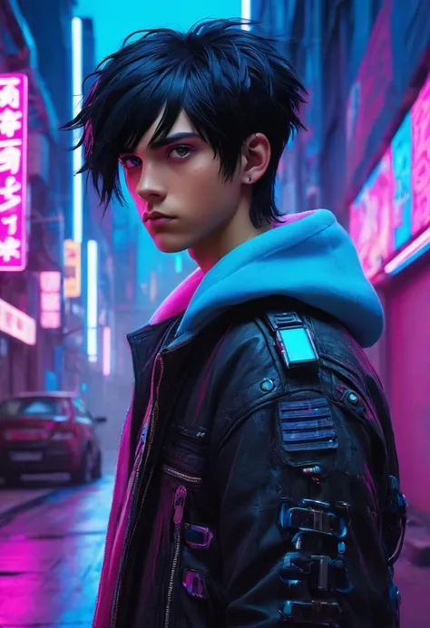 Boy with black hair in a cyber punk with blue and pink neon colour street