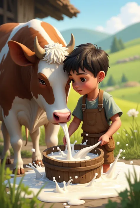 A boy milking in a cow and lots pf milk near the boy