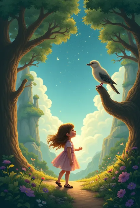 A girl 3 to 4 years in a magical world with a owl