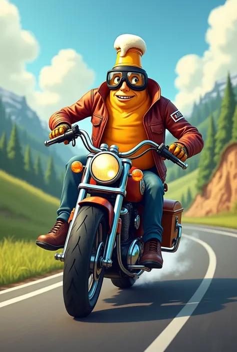 A cold beer animated driving a motorcycle to deliver a home